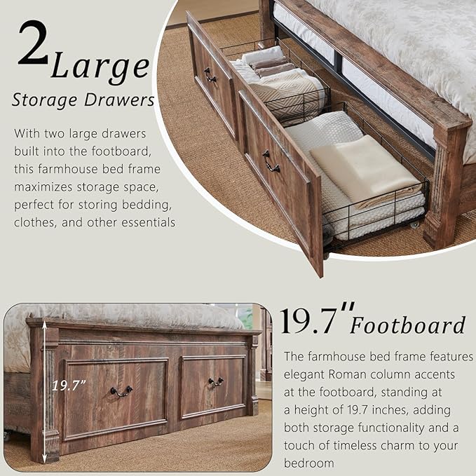 Aitjunz Farmhouse Queen Size Bed Frame with 51" Tall Headboard, Wood Platform Bed Frame with 20" Tall Roman Column Decoration Footboard & 2 Large Storage Drawers, No Box Spring Needed (Light Brown)