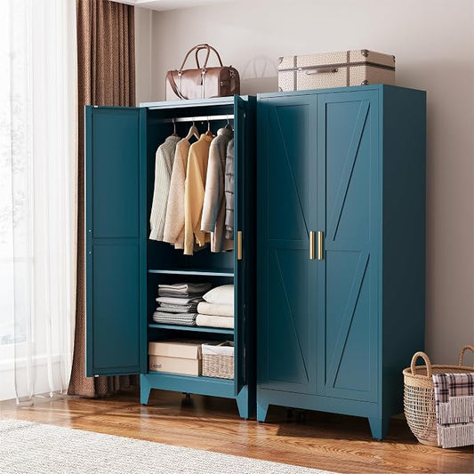 COFaR Armoire Wardrobe Closet, 71" Convertible 2-in-1 Metal Cabinet with Adjustable Rod & Shelves, Freestanding Hanging & Storage Organizer (Peacock Blue)