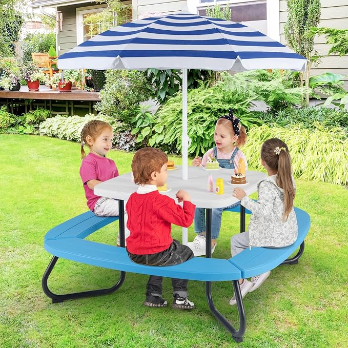 Costzon Kids Picnic Table, 8 Person Kids Outdoor Table and Chairs with Foldable & Adjustable Umbrella, 4 Built-in Benches, Toddler Outdoor Furniture for Backyard, Patio, Garden (Blue)