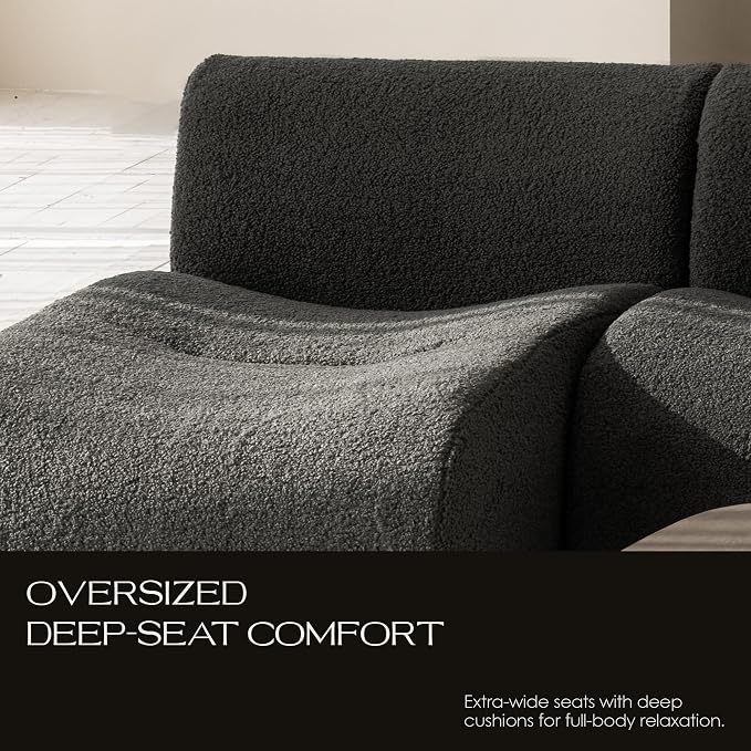 45" Curved Sectional Chaise, Modern Single Sofa Lounge Chair with Deep Seat, Boneless Modular Sherpa Sofas for Small Living Room, Bedroom, Apartment– No Assembly,Grey