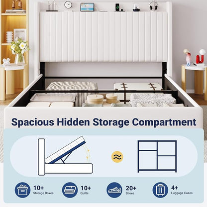 Allewie King Size Lift Up Storage Bed Frame,Storage Shelf Headboard with Charging Station,Type-C and USB Ports,Hydraulic Support,Velvet Upholstered Bed Frame,No Box Spring Needed,White
