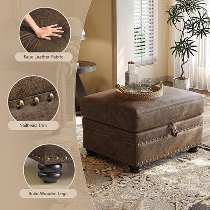 ONBRILL Faux Leather Ottoman with Storage, Rectangle Ottoman Coffee Table with Nailhead Trim, Solid Wood Legs, Oversized Upholstered Footrest Stool for Living Room, Bedroom, Apartment, Brown
