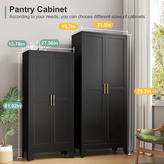 Metal Pantry Cabinet with 2 Doors and 5 Adjustable Shelves, 75"Kitchen Storage cabinets with Gold Handles, Versatile Storage for Laundry Room, Living Room, Bathroom, Dinning Room, Utility Room-Black