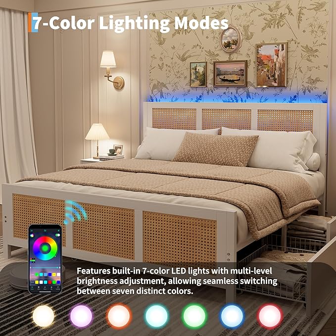 Garvee Rattan Full Bed Frame with LED Headboard (7 Colors), Boho Cane Platform Bed with 4 Large Drawers, Strong Metal Slats Support, Noise Free, No Box Spring Needed, Easy Assembly, White