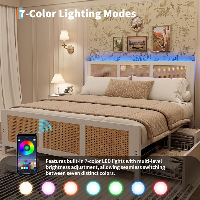GarveeHome White Rattan Bed Frame with Headboard, Boho Cane Platform King Size Bed Frame with 4 Drawers, Strong Metal Slats Support, Noise Free, No Box Spring Needed