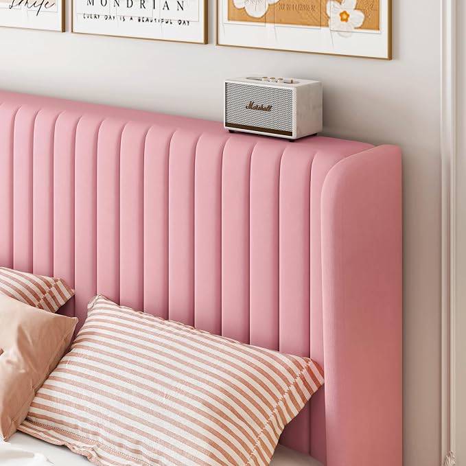 SHA CERLIN Full Size Velvet Bed Frame with Vertical Channel Tufted Wingback Headboard, Upholstered Platform Bed with Wood Slats, No Box Spring Needed, Easy Assembly, Pink