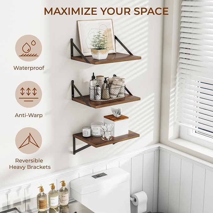 Heimlove Deep Floating Shelves for Wall, 12 Inch Deep Floating Shelves Set of 3, 16W x 12D Wood Wall Shelves, Wide Wood Shelves with Metal Bracket for Living Room, Kitchen, Office, Bedroom - Walnut
