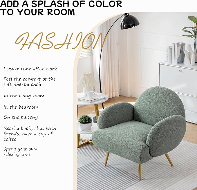 Accent Chair Green with Golden Metal Legs,Reading Chair for Bedroom Comfy, Boucle Sherpa Chair for Living Room, Bedroom
