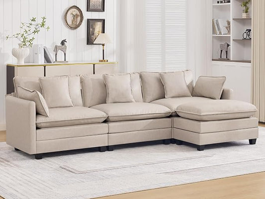 111'' Sectional Cloud Deep Seat Couch, Modern Comfy Leather L Shaped Sectional Sofa for Living Room Set, Upholstered Modular 4-Seats Sofa Couch with 1 Movable Ottoman, Leather Beige