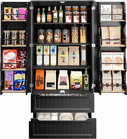 Gizoon 72" Tall Kitchen Pantry Cabinet with Drawers for Dining Room, Food Pantry Storage Cabinet with 8 Doors Shelves for Snack and Spice, Large Craft Storage Cabinet for Craft Room, Black, Painted