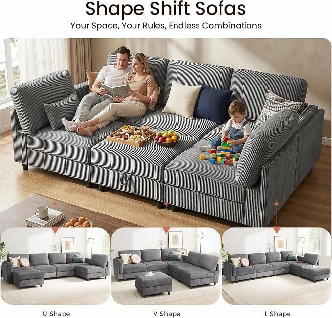 KKL Modular 83'' 6 Seater Sofa Bed - Sectional Sofa with Storage Ottoman, Convertible U/L -Shaped Sleeper Couch for Living Room, Modern Reversible Design, Grey