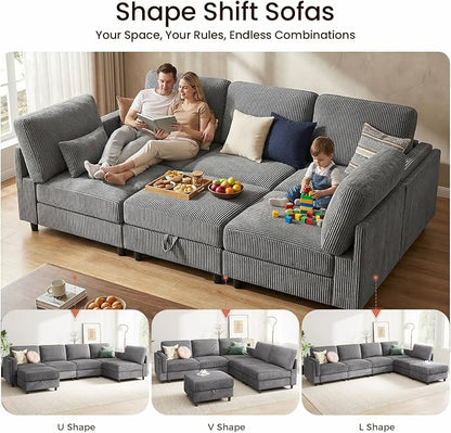 KKL Modular 83'' 6 Seater Sofa Bed - Sectional Sofa with Storage Ottoman, Convertible U/L -Shaped Sleeper Couch for Living Room, Modern Reversible Design, Grey