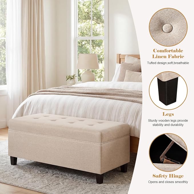 Asense Storage Ottoman Bench,18.8 x 40 x 18.5 Inches Storage Bench,Foot Rest with Legs,Tufted Ottomans with Safety Hinge,End of Bed Bench for Bedroom,Living Room,Entryway