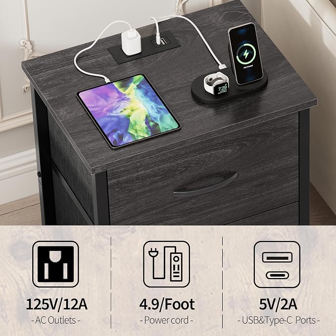 Vagusicc Nightstand with Charging Station, Bedside Table with USB Ports and Outlet, End Table Side Table with 2 Fabric Drawers for Bedroom, Living Room, Gray Walnut