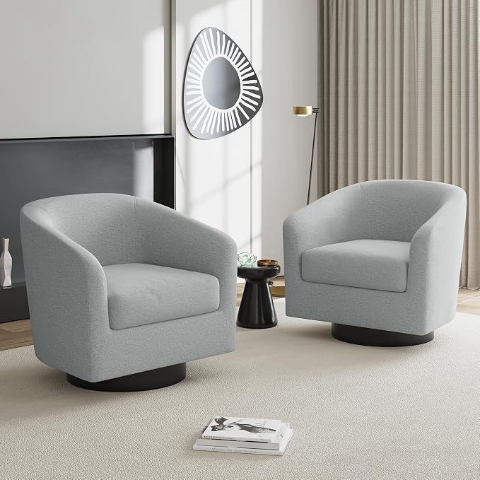 Swivel Accent Chairs Set of 2, Chenille Barrel Chair Upholstered Armchair for Living Room, Modern Round Arm Chair Small Single Sofa Bedroom Reading Seat - Light Gray