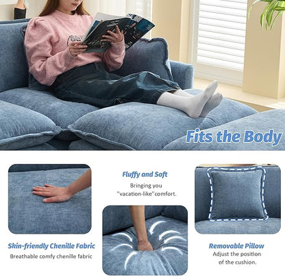 147'' Sectional Cloud Deep Seat Couch, Oversized Chenille U Shaped Sectional Sofa for Living Room Set, Comfy Upholstered Modular Sectional Sofa Couch with 2 Movable Ottoman, Blue