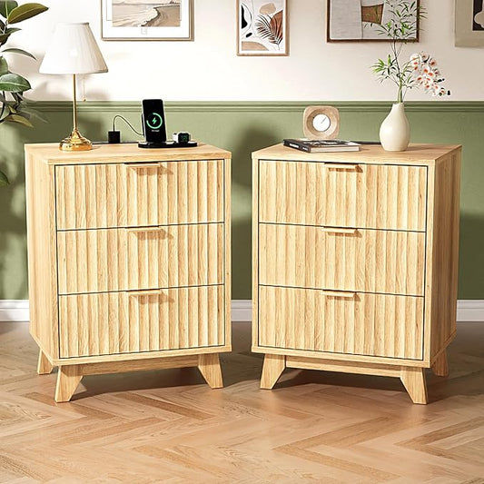 VINGLI Fluted Nightstands Set of 2 with Charging Station, 3 Drawer Nightstand Oak Night Stand for Bedroom, Modern Nightstands Set of 2, Fluted Bedside Table/End Table/Side Table, 2 pcs