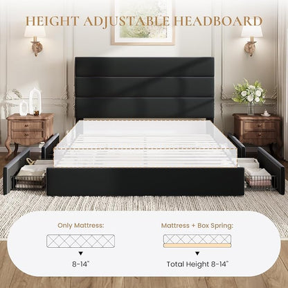 SHA CERLIN Queen Size Platform Bed Frame with 4 Storage Drawers, Velvet Upholstered Headboard, Mattress Foundation with Wooden Slats Support, No Box Spring Needed, Easy Assembly, Black