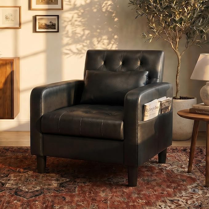TYBOATLE Leather Accent Chair w/Storage, Comfy Modern Living Room Chairs, Black Accent Chair w/Side Pockets, Armchair for Bedroom, Waiting Room, Office
