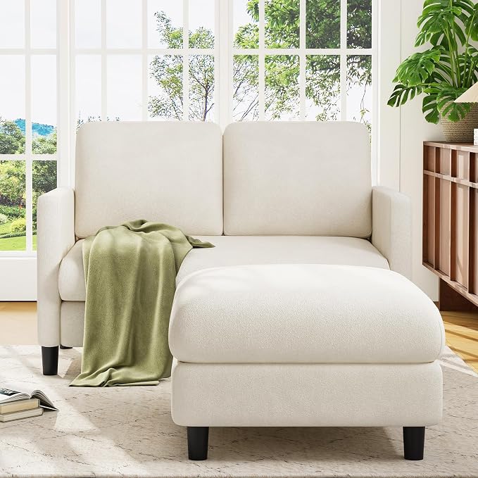 Welzona Loveseat, 51" Small L Shaped Couch, Comfy Teddy Love Seat with Ottoman Set, Tool-Free Setup Loveseat Sofa with Ottoman, All-Wood Small Sofa Couch for Bedroom, Couch for Living Room, Beige