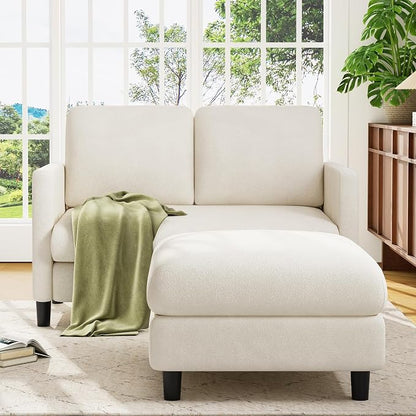 Welzona Loveseat, 51" Small L Shaped Couch, Comfy Teddy Love Seat with Ottoman Set, Tool-Free Setup Loveseat Sofa with Ottoman, All-Wood Small Sofa Couch for Bedroom, Couch for Living Room, Beige