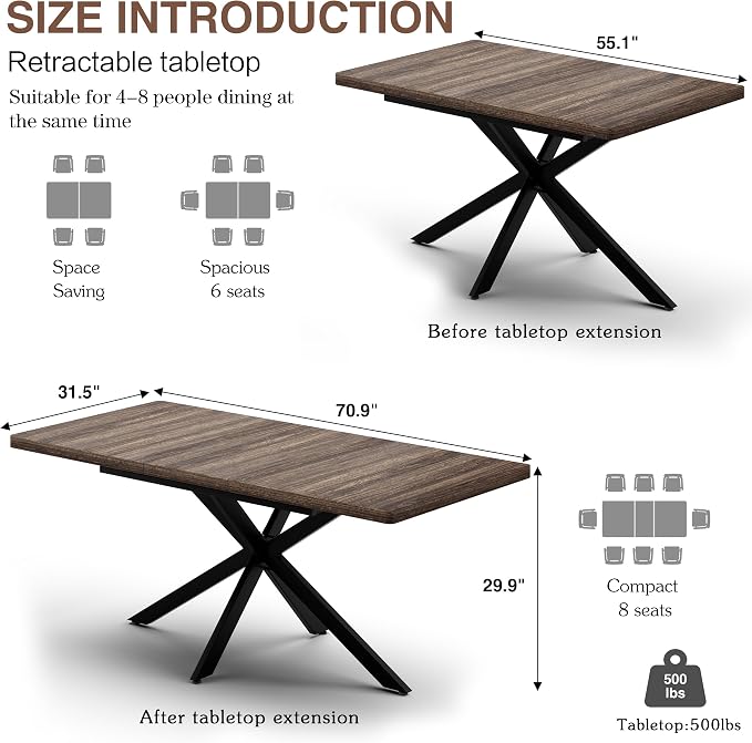 Extendable Dining Room Table for 4 6 8, 55"-71" Long Rectangle Kitchen Table,Wood Expandable Dining Table with Hidden Storage, Space Saving, For Kitchen Dining Living Room, Farmhouse, Dark Walnut