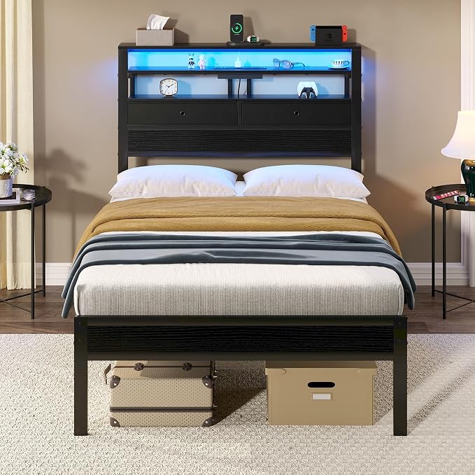 Sweetcrispy Bed Frame Twin Size with LED Lights and Charging Station, Sturdy Platform Beds Frame with Storage Drawers, 3-Tier Shelves and Under Bed Storage, No Box Spring Needed, Black