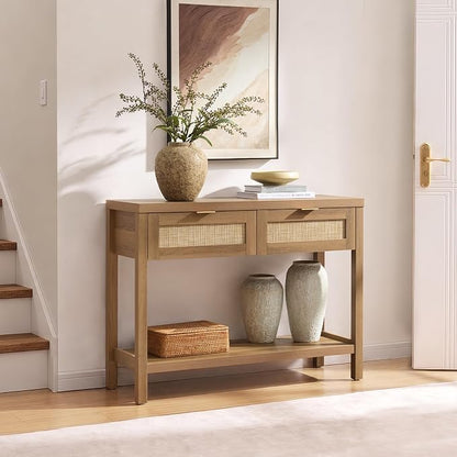 SICOTAS Console Table Set of 2 - Boho Entryway Table with Rattan Drawers, Rattan Console Table with 2 Tier Shelf, Narrow Long Sofa Tables for Living Room, Entry Table for Hallway, Foyer