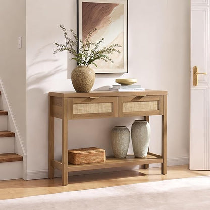 SICOTAS Console Table with Rattan Drawers - Boho Rattan Entryway Table with Storage, Small Console Tables for Entryway, Entry Tables for Hallway
