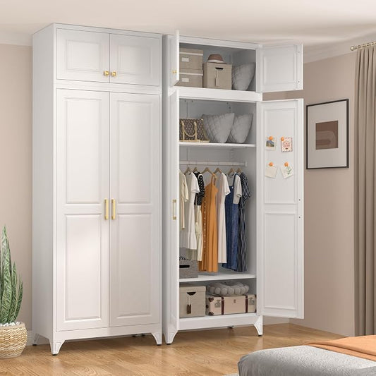 UNICOLY 86.6" Amoire Wardrobe Closet, 71" Wardrobe Cabinet with 15.74" Cabinet, Metal Closets with Hanging Rod for Bedroom School, Employee, Gym, Armarios De Ropa para Domitorio, White