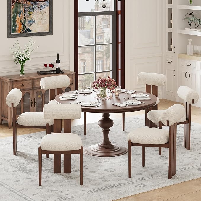 MALOL Modern Wooden Dining Chairs Set of 2, Upholstered Fabric Kitchen Chairs with Sculptural Backrest, Mid-Century Farmhouse Dining Room Chairs with Solid Wood Legs, Beige