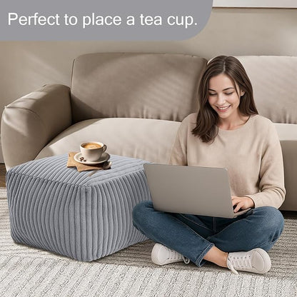 MeMoreCool Square Stuffed Pouf Ottoman Foot Rest, Stripe Furry Floor Pouf Foot Stool with Foam Chunk Filling, Soft Fluffy Stuffed Ottoman Footrest for Living Room, Faux Fur Grey