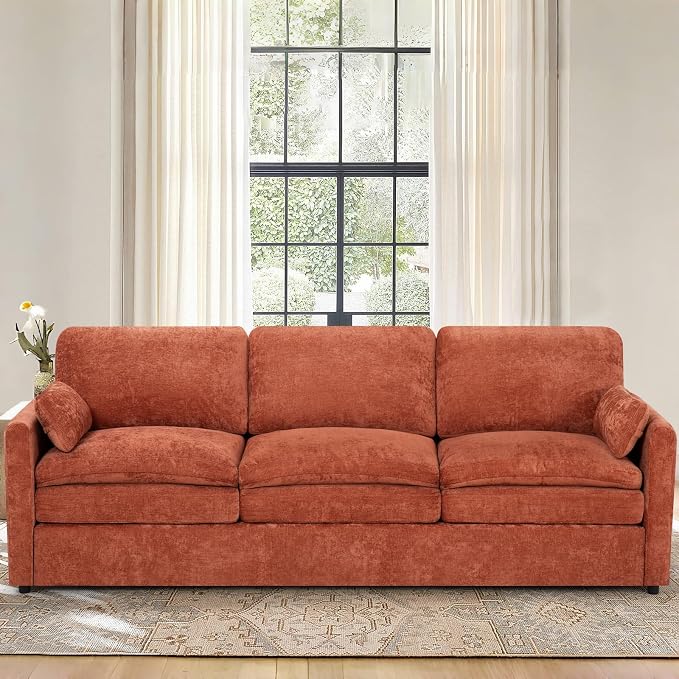 3 Pieces Chenille Sofa Set w/Arm Pillows, Upholstered 2 Pieces Loveseat & 3 Seater Sofa w/Comfortable Back Cushions, Modern 2-Seat & 3-Seat w/High-Density Foam for Living Room, Orange