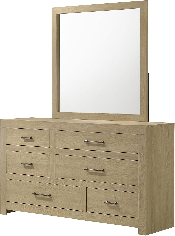 Coaster Home Furnishings - Hendricks - Wood - 6-Drawer Dresser with Mirror with Asymmetrical Drawers, Gunmetal Pulls, and Square Edges - Bedroom - Light Oak - 222653M