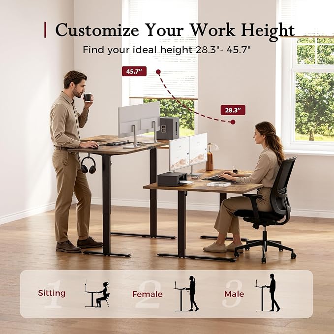 Klicelor L Shaped Standing Desk, 63 Inch Electric Height Adjustable Desk with Memory Preset, Reversible Sit Stand Up Computer Workstation for Home Office, Splice Board, Rustic Brown
