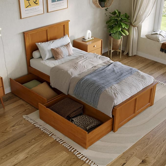 AFI, Madison Twin XL Platform Bed with Matching Footboard & Storage Drawers, Light Toffee