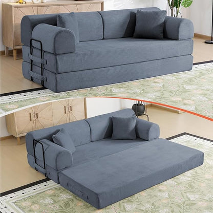 78.8" Boneless Memory Foam Couch, Corduroy Convertible Floor Sofa Bed, Fold-Out Sleeper Futon Loveseat, Wide Armrests & Supportive Back, 1200 lb, Couch in a Box, 2 Pillows, Dark Grey