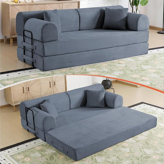 78.8" Boneless Memory Foam Couch, Corduroy Convertible Floor Sofa Bed, Fold-Out Sleeper Futon Loveseat, Wide Armrests & Supportive Back, 1200 lb, Couch in a Box, 2 Pillows, Dark Grey