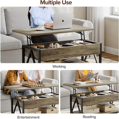 Memobarco Lift Top Coffee Table,Lift Coffee Table with Storage Shelf and Large Hidden Compartment for Living Room,Lifting top Coffee Tables for Small Space,Grey