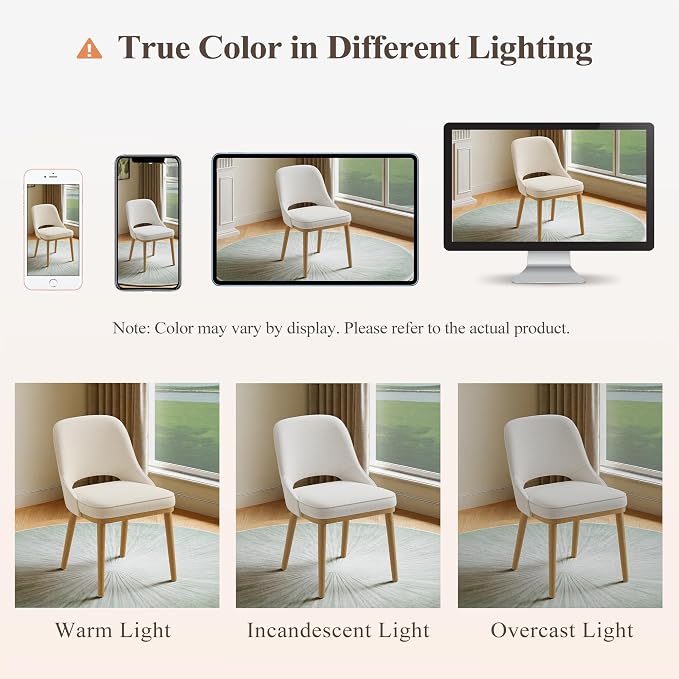 Modern Upholstered Dining Chairs Set of 6, Open Back with Solid Wood Legs, Ergonomic Curved Back Fabric Kitchen Chairs for Dining Room & Kitchen, Living Room Side Chairs, Farmhouse, Beige