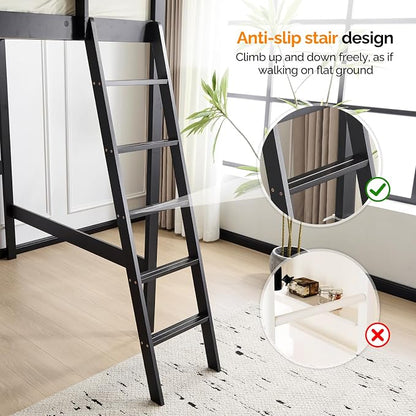 VINGLI Loft Bed Full Size with 15 inches Guardrail/USB Charging Station/LED, Solid Wood Double High Sleeper with Flat Rungs for Kids/Teens/Adults,No Box Spring Needed, Black