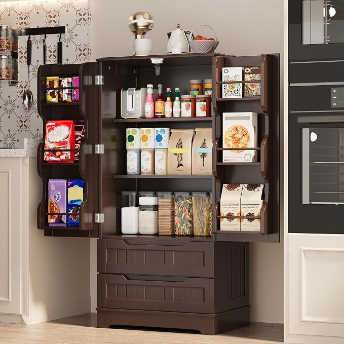 Gizoon Kitchen Pantry Cabinet with Drawers, 47" Small Food Pantry Storage Cabinet with 6 Door Shelves for Snack and Spice, Freestanding Craft Storage Cabinet for Craft Room, Dark Brown, Painted