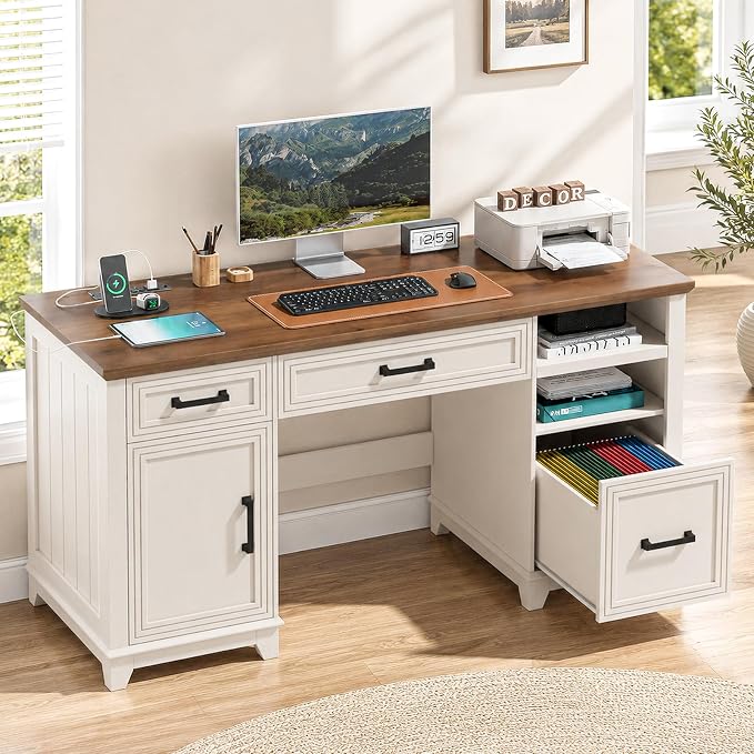 Vabches 55" Farmhouse Executive Desk with 3 Drawers & Storage Cabinet, Wooden Computer Desk, Home Office Desk with File Drawer (Fits A4 Size) for Work and Study, Rustic White and Brown