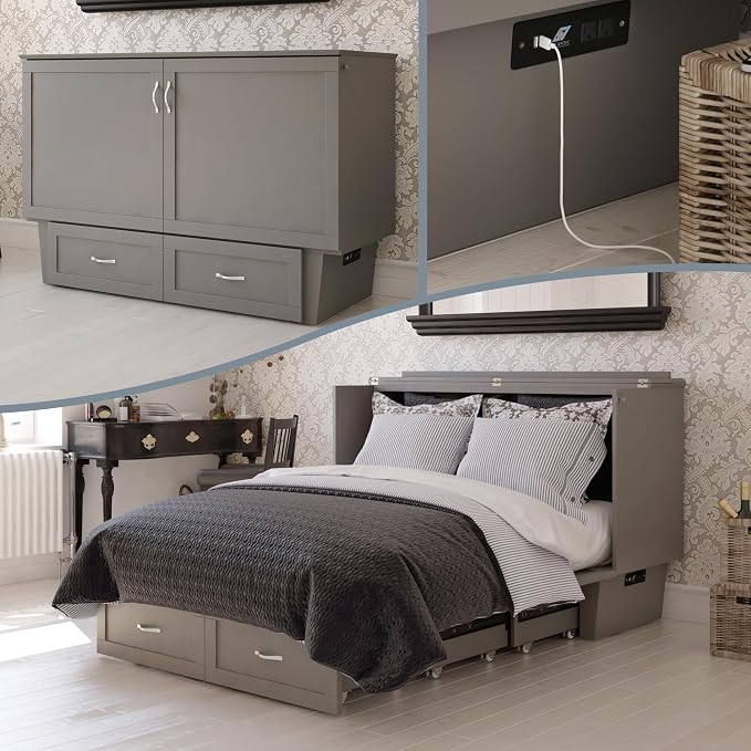AFI, Monroe Queen Murphy Bed Chest with 6" Mattress, Storage Drawer & Built-in USB Charger, Grey