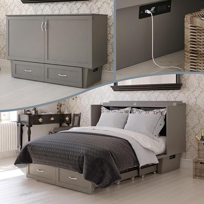 AFI, Monroe Queen Murphy Bed Chest with 6" Mattress, Storage Drawer & Built-in USB Charger, Grey