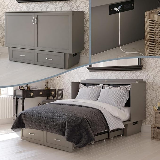 AFI, Monroe Queen Murphy Bed Chest with 6" Mattress, Storage Drawer & Built-in USB Charger, Grey