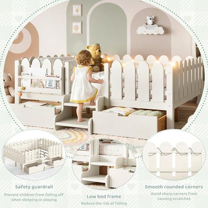 Bellemave Full Kids Montessori Bed with Stairs, Bookshelf and LED Lights, Solid Wood Kids Bed Frame with Storage Drawers for Boys Girls, Low Profile,Beige
