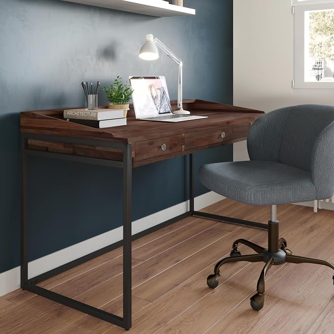 SIMPLIHOME Ralston Desk - 60 Inch Wide Solid Acacia Wood and Metal Writing Desk in Distressed Charcoal Brown, Modern Industrial Home Office Computer Table with 2 Drawers and Flip-Down Keyboard Tray