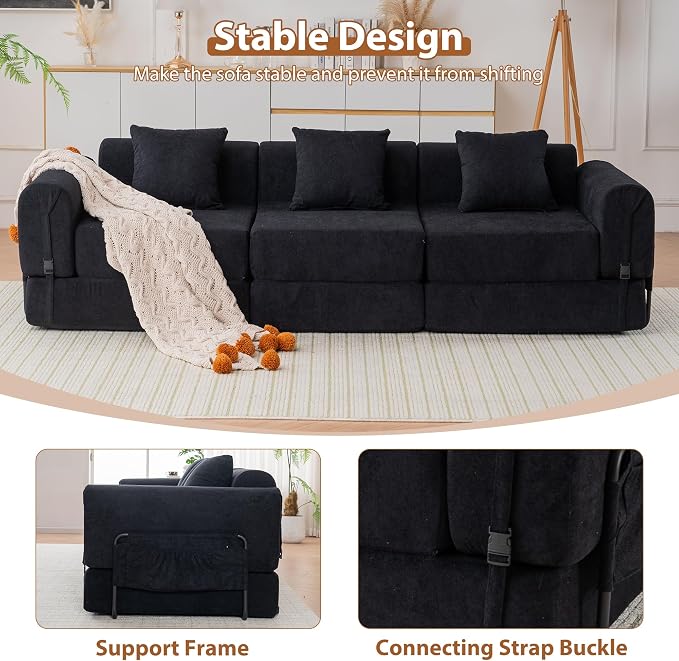 Cloud Modular Sectional Sofa, Foldable Floor Couch Bed, Convertible Sleeper Sofa Bed, Fold Out Boneless Couches for Living Room, Office, Guest Room, Apartment (3 Seater Couch, Black)