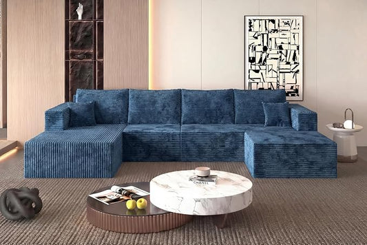 138" Modern Modular Sectional Sofa, U-Shaped Cloud Couch, Soft Corduroy Boneless Couch with 3060 High Rebound Memory Foam, Sectional Couches for Living Room-Blue(Left Facing Chaise)